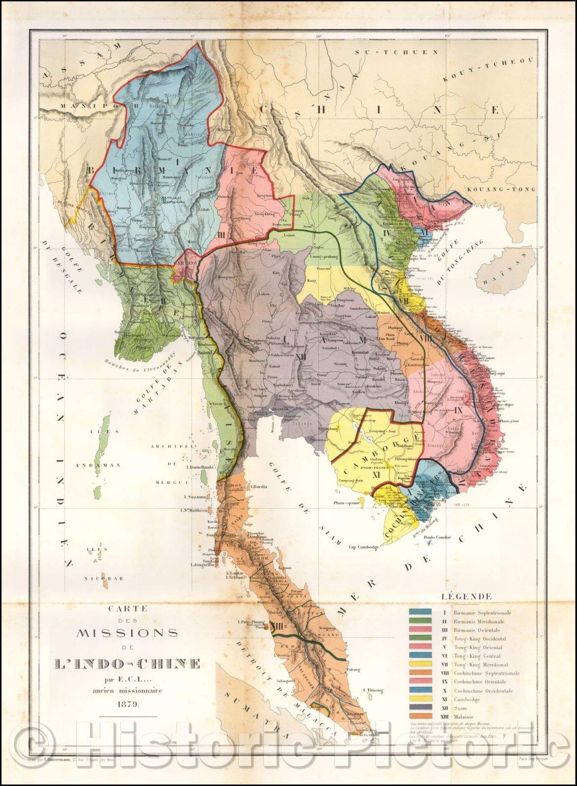 Historic Map - Carte des Missions De L'Indo-Chine par E.C. I. ancien missionnaire 1879/Map Mission Of Indo-China by E. C. I. former missionary in 1879, 1879 - Vintage Wall Art