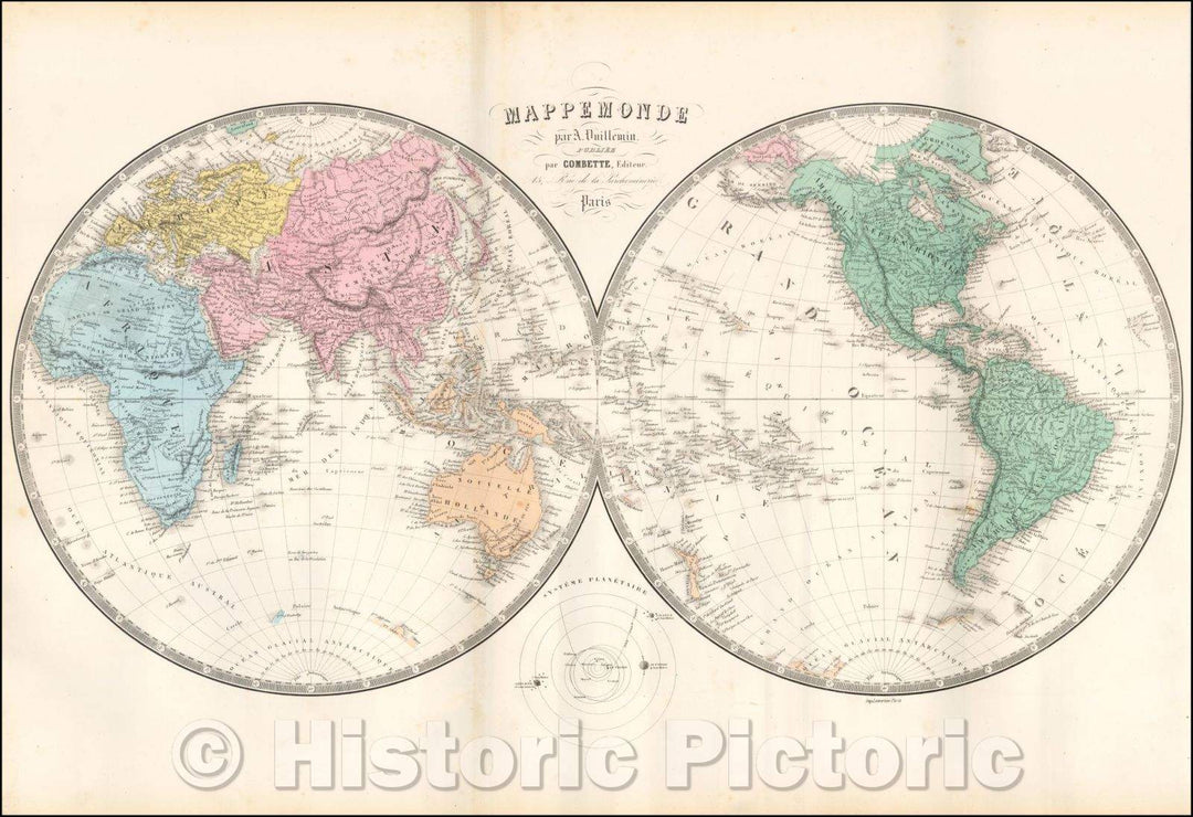 Historic Map - Mappemonde par A. Vuillemin/World map by A. Vuillemin, 1845, Alexandre Vuillemin - Vintage Wall Art