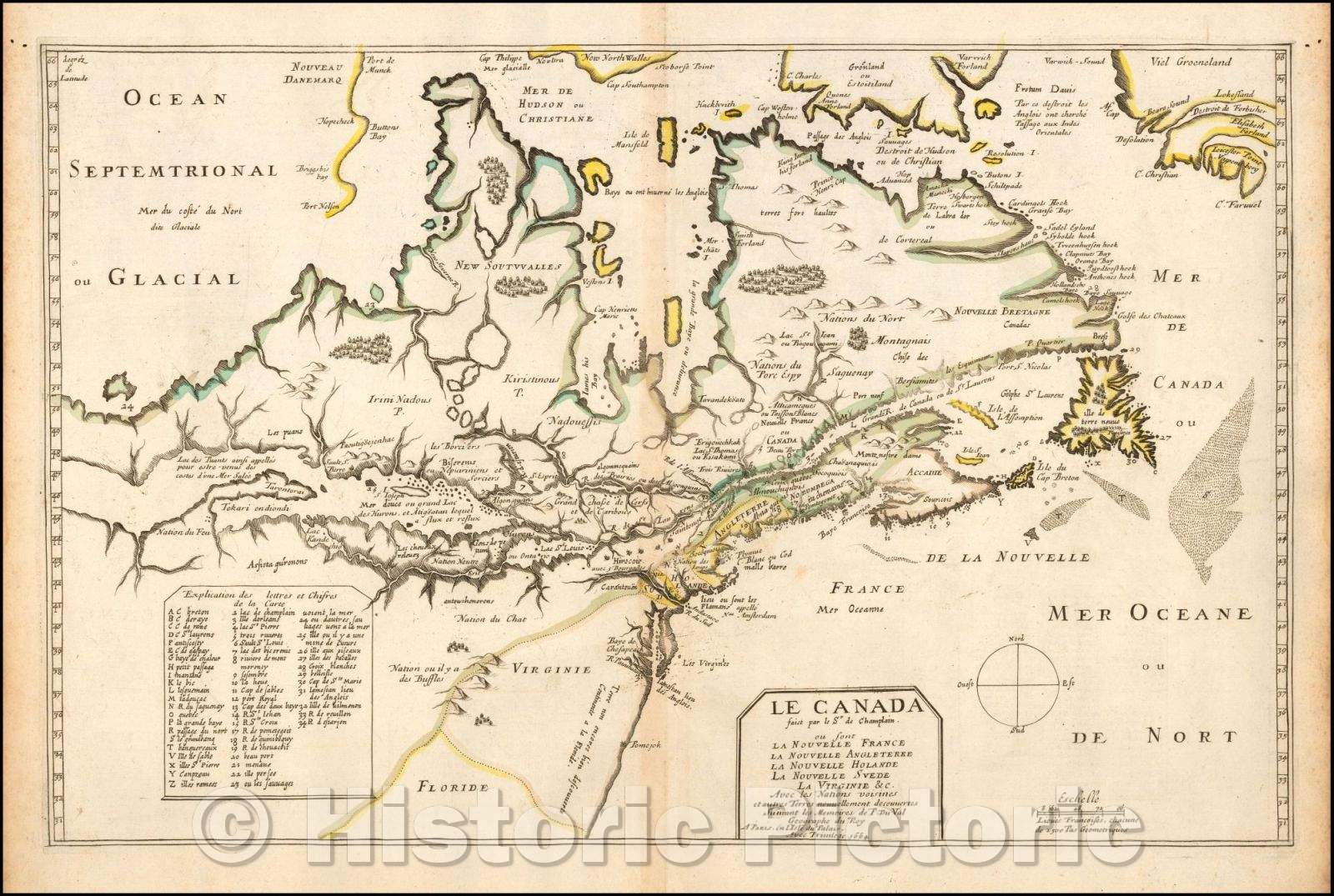 Historic Map - Le Canada faict par le Sr. de Champlain. ou sont La Nouvelle France, La N :: Canada deed, New France, New England, New Holande, 1664 - Vintage Wall Art