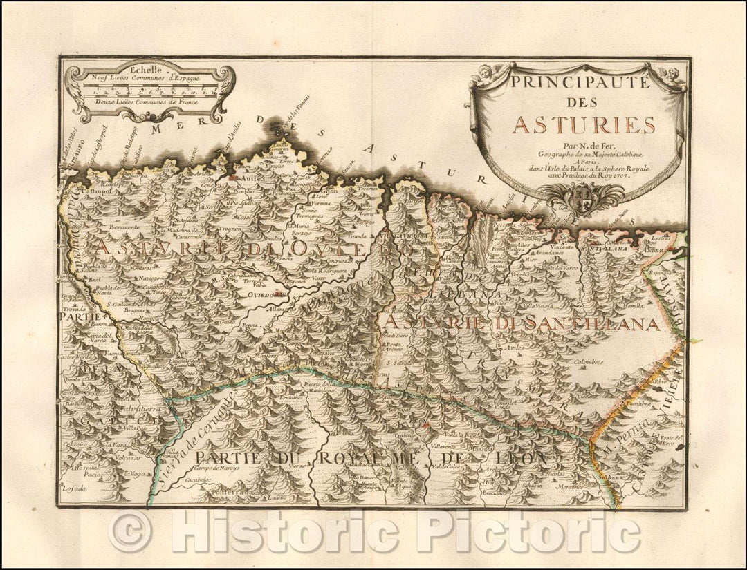 Historic Map - Principaute Des Asturies/Map of the Asturias, published in Paris by Nicholas De Fer, 1707, Nicolas de Fer - Vintage Wall Art