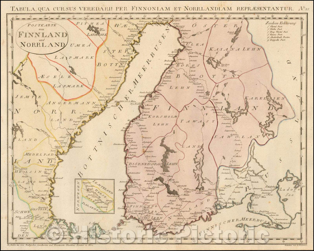 Historic Map - Postkarte von Finnland und Norrland/Tabula qua Curus Veredarii Per Pinnoniame et Norrlandiam/Postal Map of Finland and part of Norway, 1799 - Vintage Wall Art