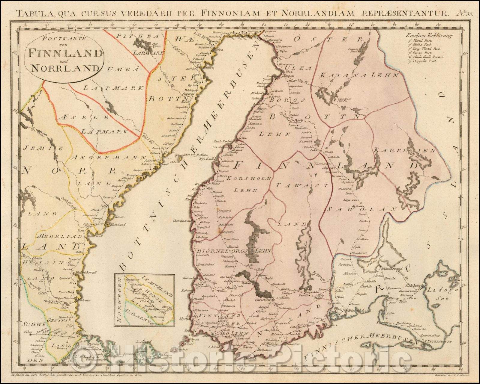 Historic Map - Postkarte von Finnland und Norrland/Tabula qua Curus Veredarii Per Pinnoniame et Norrlandiam/Postal Map of Finland and part of Norway, 1799 - Vintage Wall Art