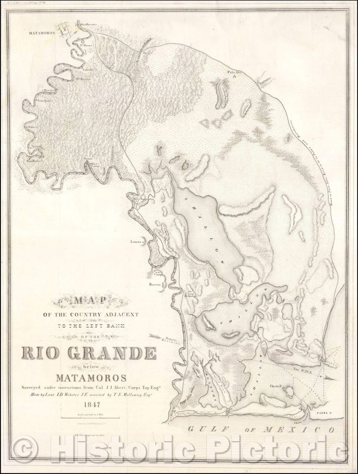 Historic Map - Map of the Country Adjacent To The Left Bank of the Rio Grande below Matamoros, 1847, - Vintage Wall Art