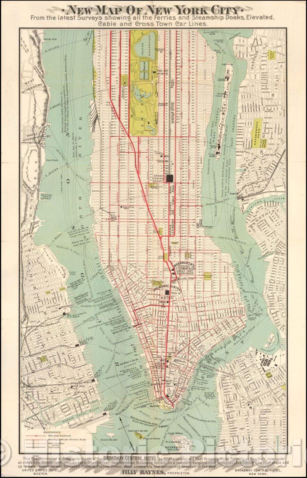 Historic Map - New Map of New York City From the latest Surveys showing all the Ferries and Steamship Docks, Elevated, Cable and Cross Town Car Lines, 1890 - Vintage Wall Art