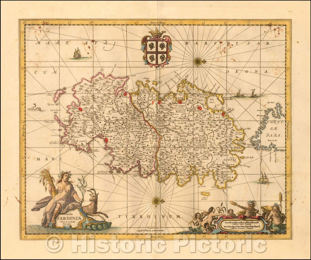 Historic Map - Insulae Sardiniae Nova & accurata Descriptio/New accurate description of the island of Sardinia, 1690, Peter Schenk - Vintage Wall Art