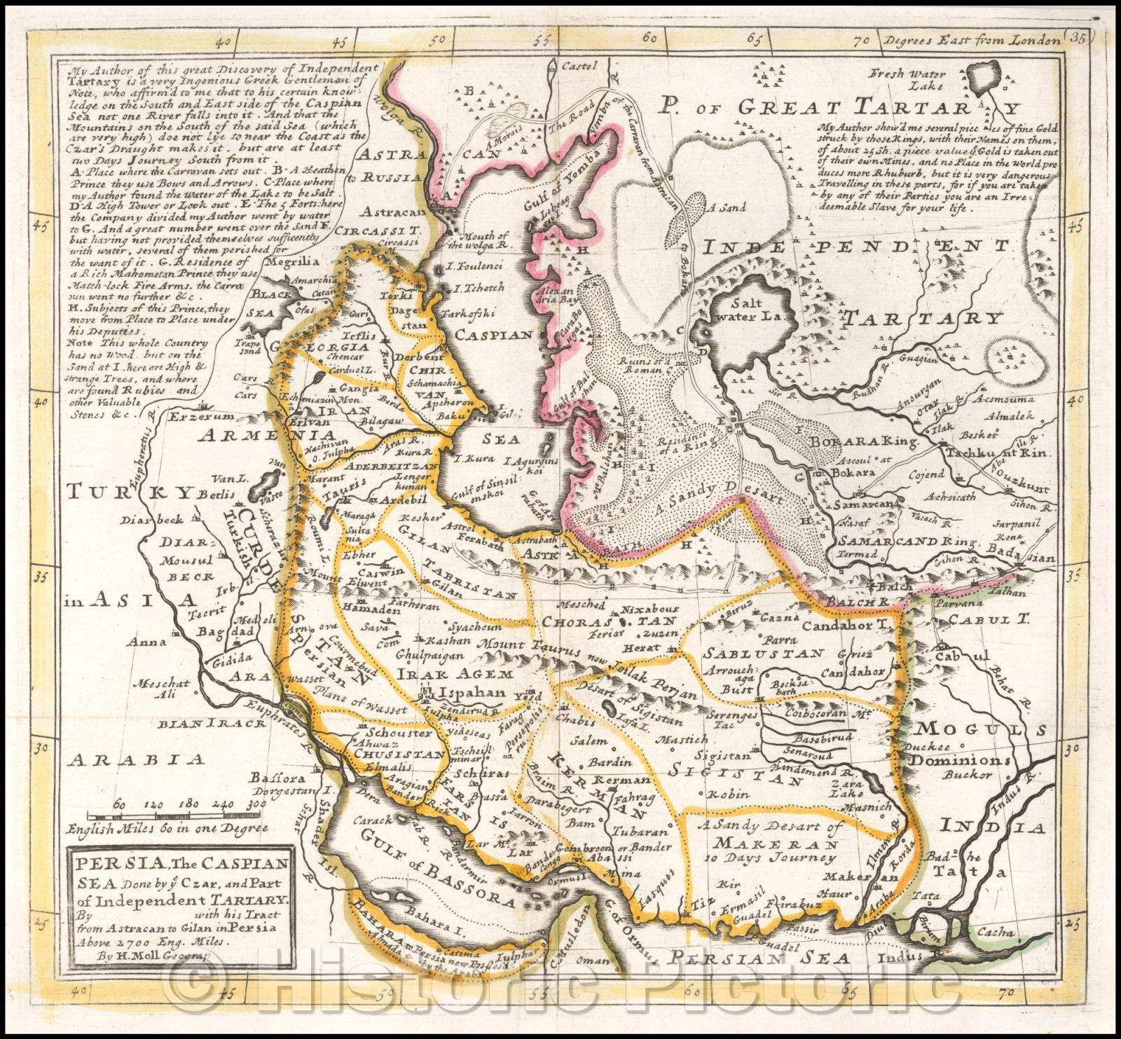 Historic Map - Persia, Caspian Sea, done, 1728, Herman Moll - Vintage Wall Art