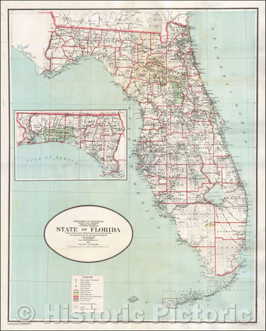 Historic Map - State of Florida, 1923, General Land Office - Vintage Wall Art