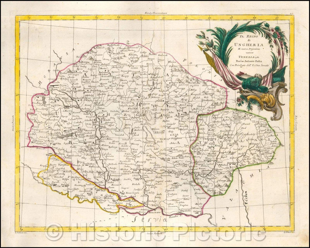 Historic Map - Il Regno di Ungheria Di nuova Projezione/Map of Hungary, Slovenia to the south and Transilvania to the north, 1781, Antonio Zatta - Vintage Wall Art