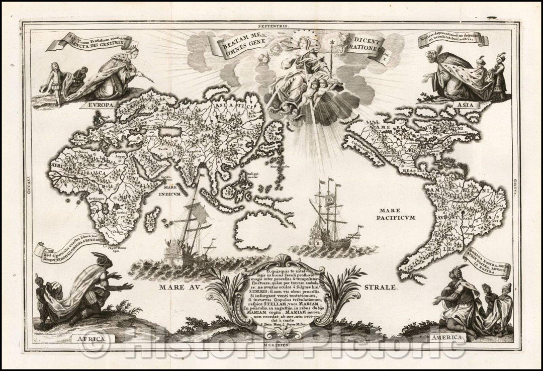 Historic Map - Beatam Medicient Omens Generatione Map of the World, centered on the Pacific Ocean, 1703, Heinrich Scherer v1