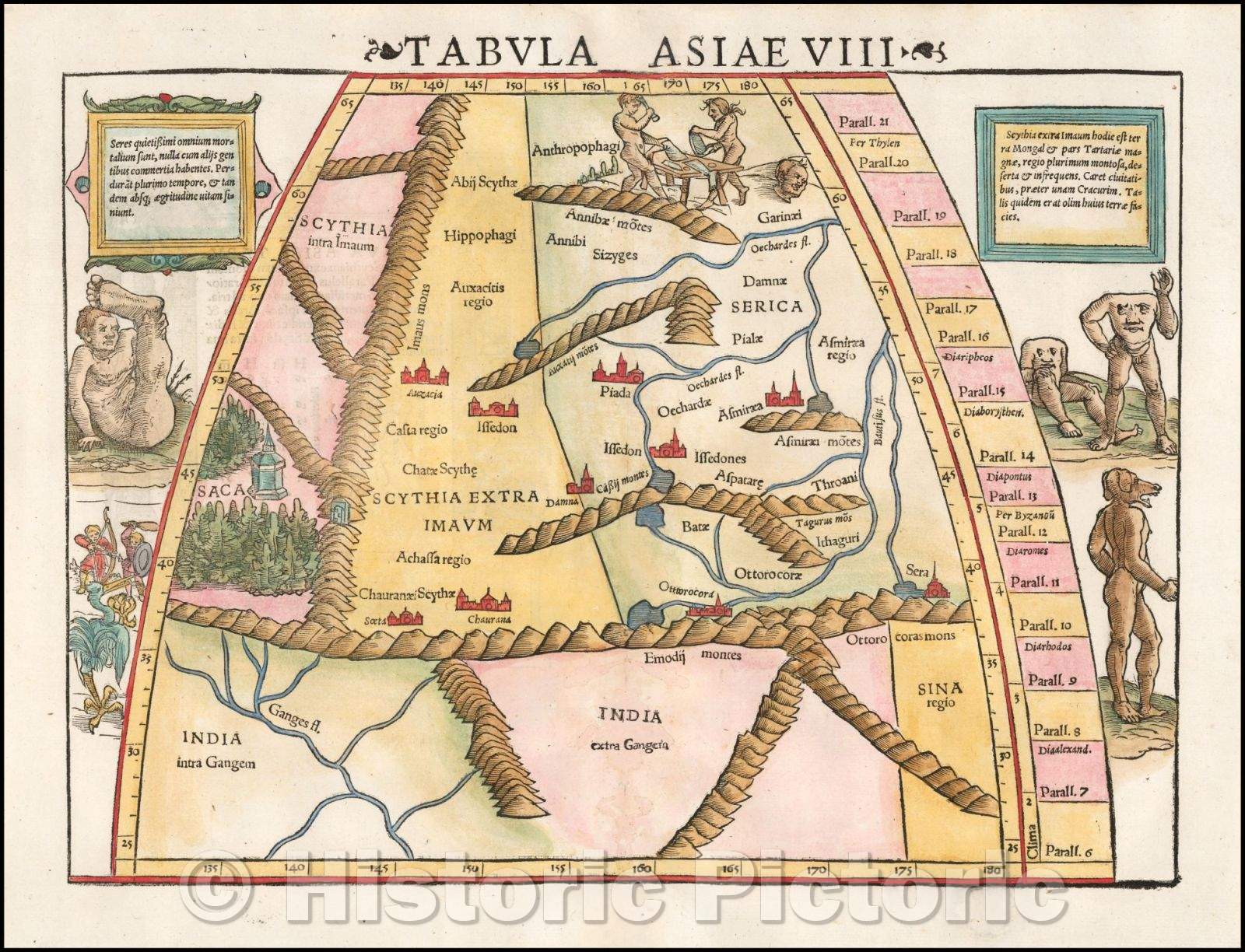 Historic Map - Tabula Asiae VIII [India & Central Asia with Monsters and Anthropomorphs], 1545, Sebastian M?nster - Vintage Wall Art