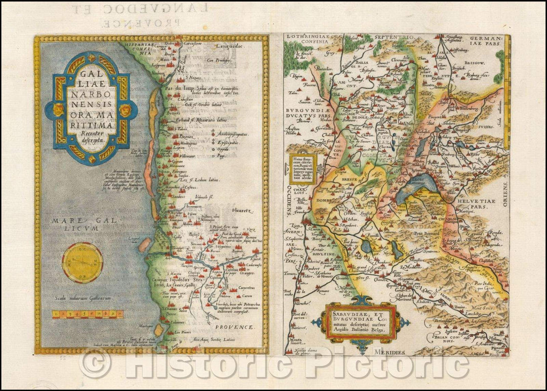 Historic Map - Gallia Narbonensis Ora Marittima Recenter descripta [and] Sab/Map of the Avignon Region on upper Rhodanus River and Lake Geneva, 1581 - Vintage Wall Art