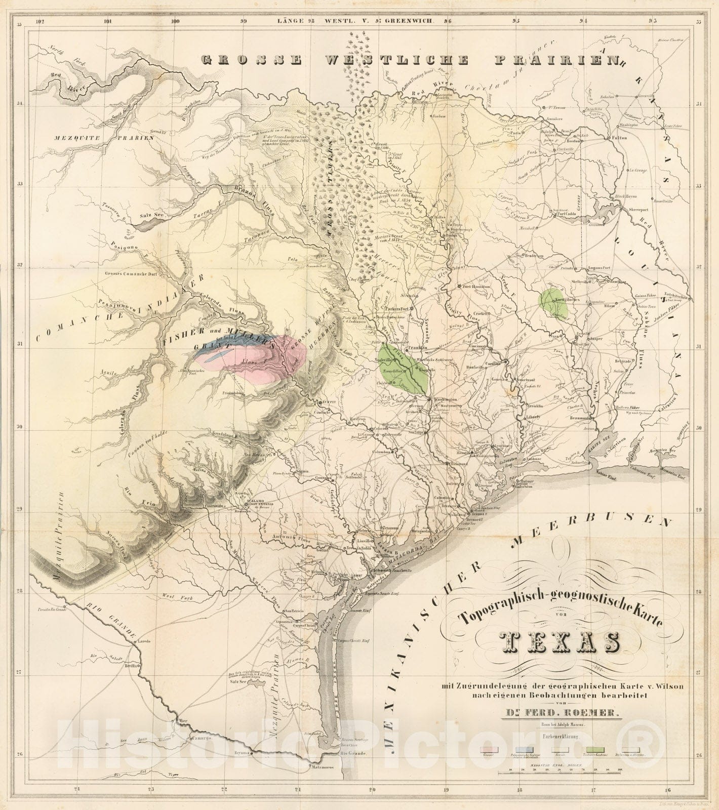 Historic Map - Topographisch-geognostische/The First Geological Map of Texas, 1849, Ferdinand Roemer - Vintage Wall Art