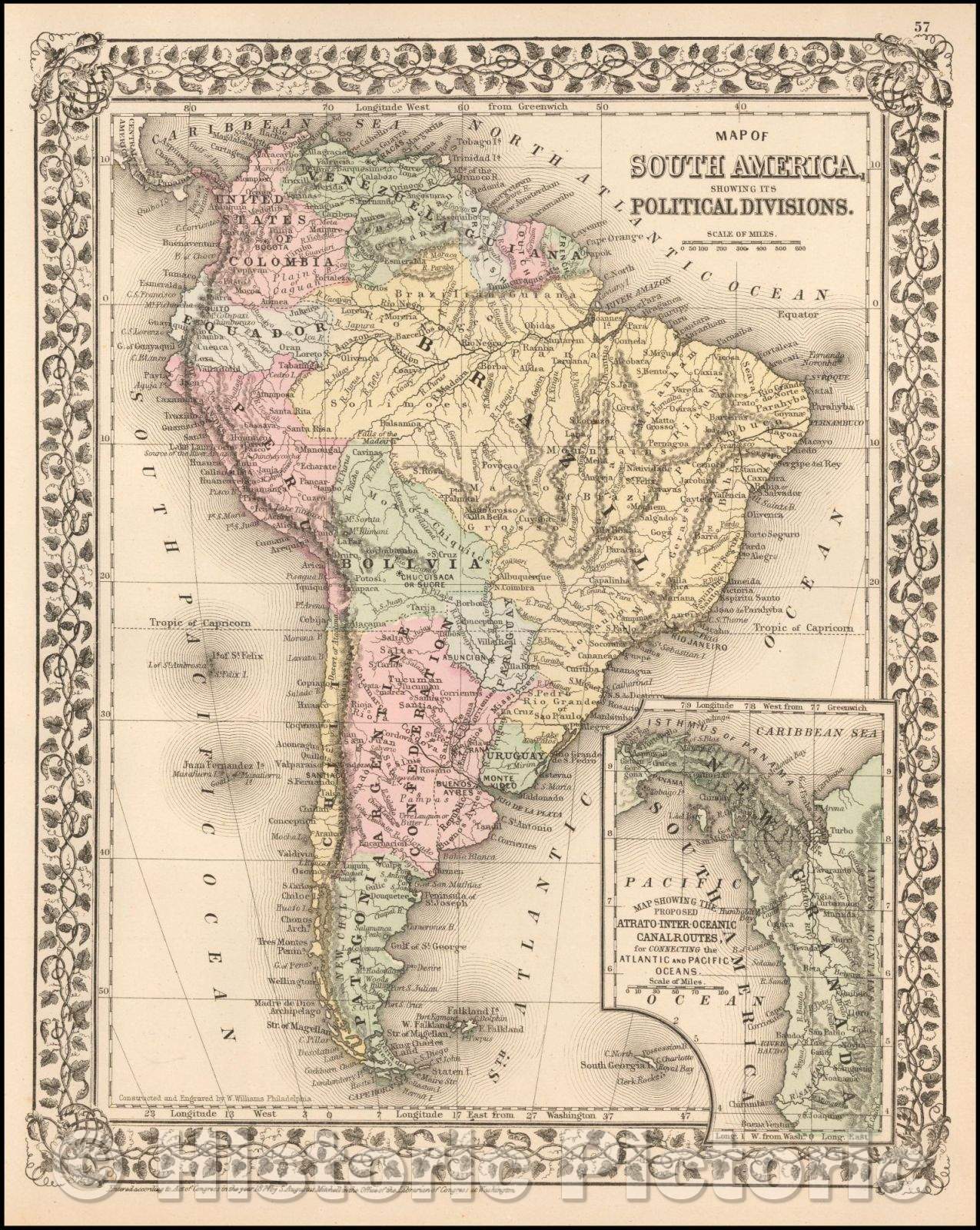 Historic Map - Map Of South America, Showing Its Political Divisions, 1874, Samuel Augustus Mitchell Jr. - Vintage Wall Art