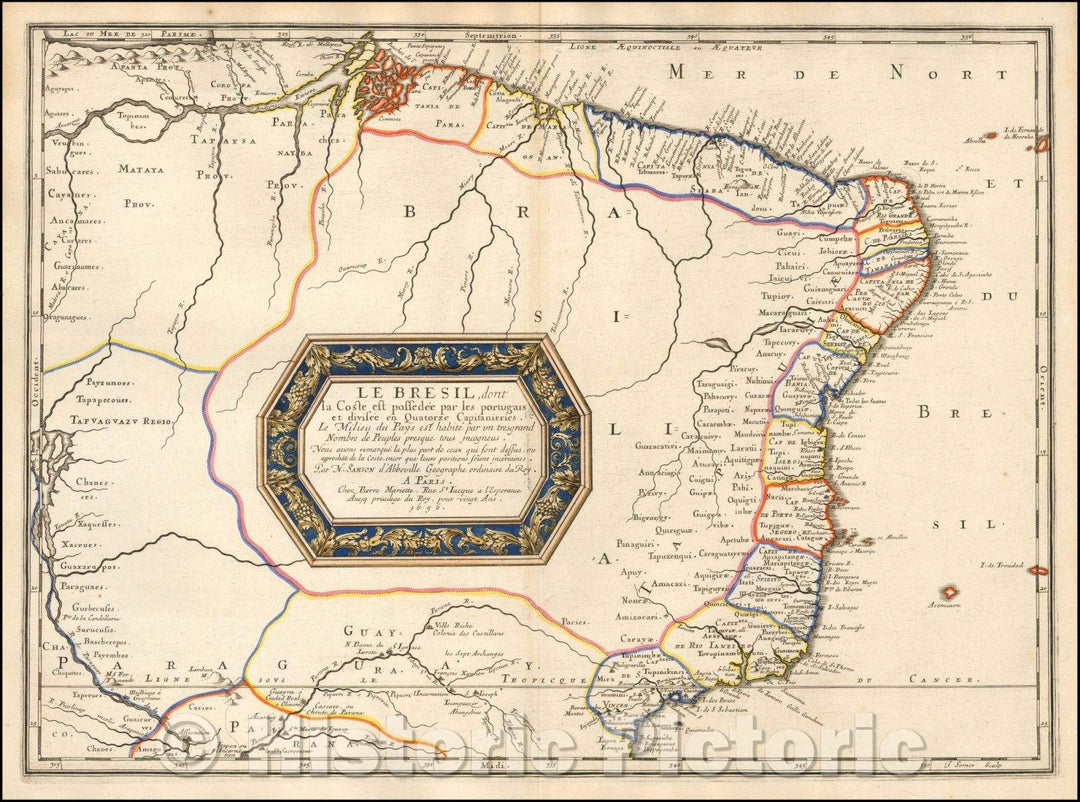 Historic Map - Le Bresil, dont la Coste est possedee par les portugais et divisee en Quat :: Brazil, whose Coste is owned by the Portuguese, 1656 - Vintage Wall Art