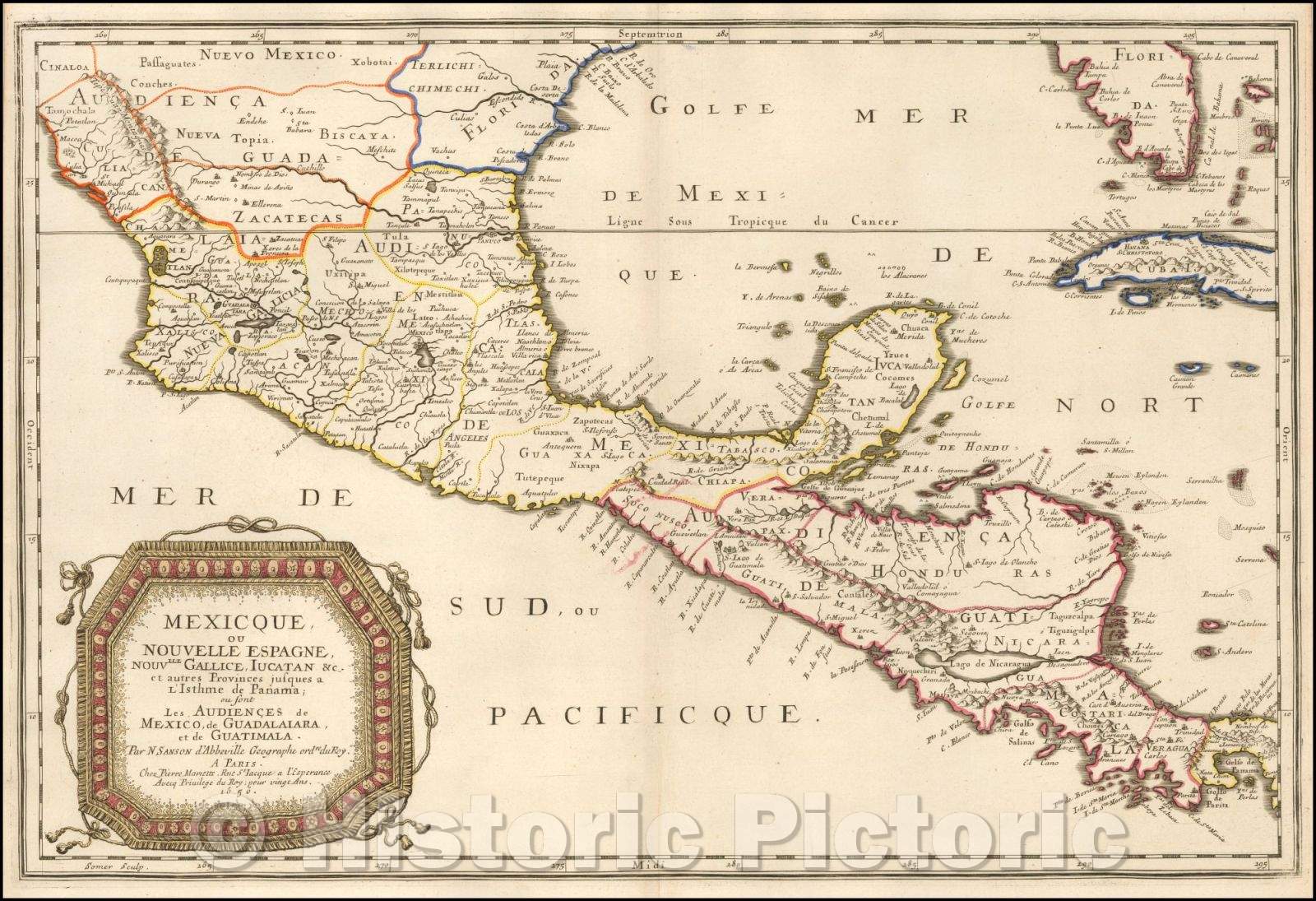 Historic Map - Mexicque, ou Nouvelle Espagne, Nou.lle Gallice, Iucatan/Map of Central America, Cuba etc, 1656, Nicolas Sanson - Vintage Wall Art