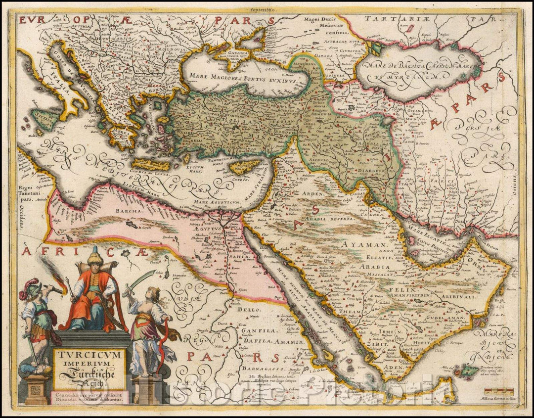 Historic Map - Turcicum Imperium. Turckiche Reich. Concordia res parvae crescunt Discordia maximae dilabuntur shows Cyprus, 1636, Matthaus Merian - Vintage Wall Art