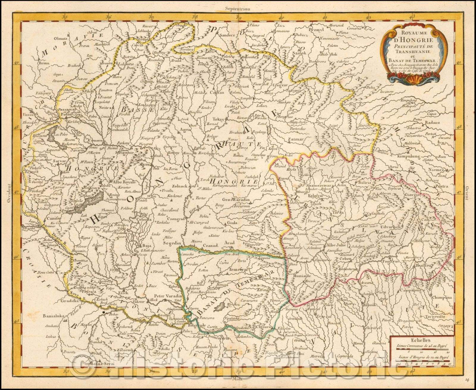 Historic Map - Royaume d'Hongrie Principaute de Transilvanie et Banat de Temeswar/Map of Hungary, published in Paris by Pierre Bourgoin, 1743, - Vintage Wall Art