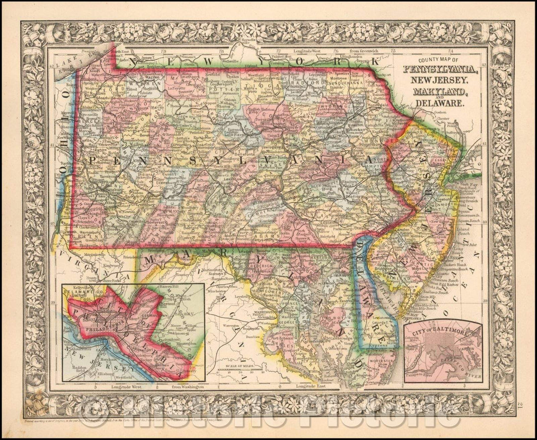 Historic Map - County Map of Pennsylvania, New Jersey, Maryland, and Delaware (Inset - Baltimore and Philadelphia), 1861, Samuel Augustus Mitchell Jr. v1