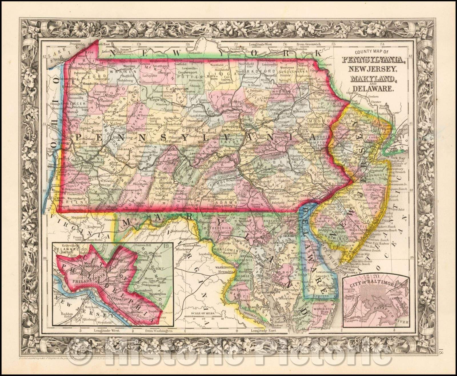 Historic Map - County Map of Pennsylvania, New Jersey, Maryland, and Delaware (Inset - Baltimore and Philadelphia), 1861, Samuel Augustus Mitchell Jr. v2