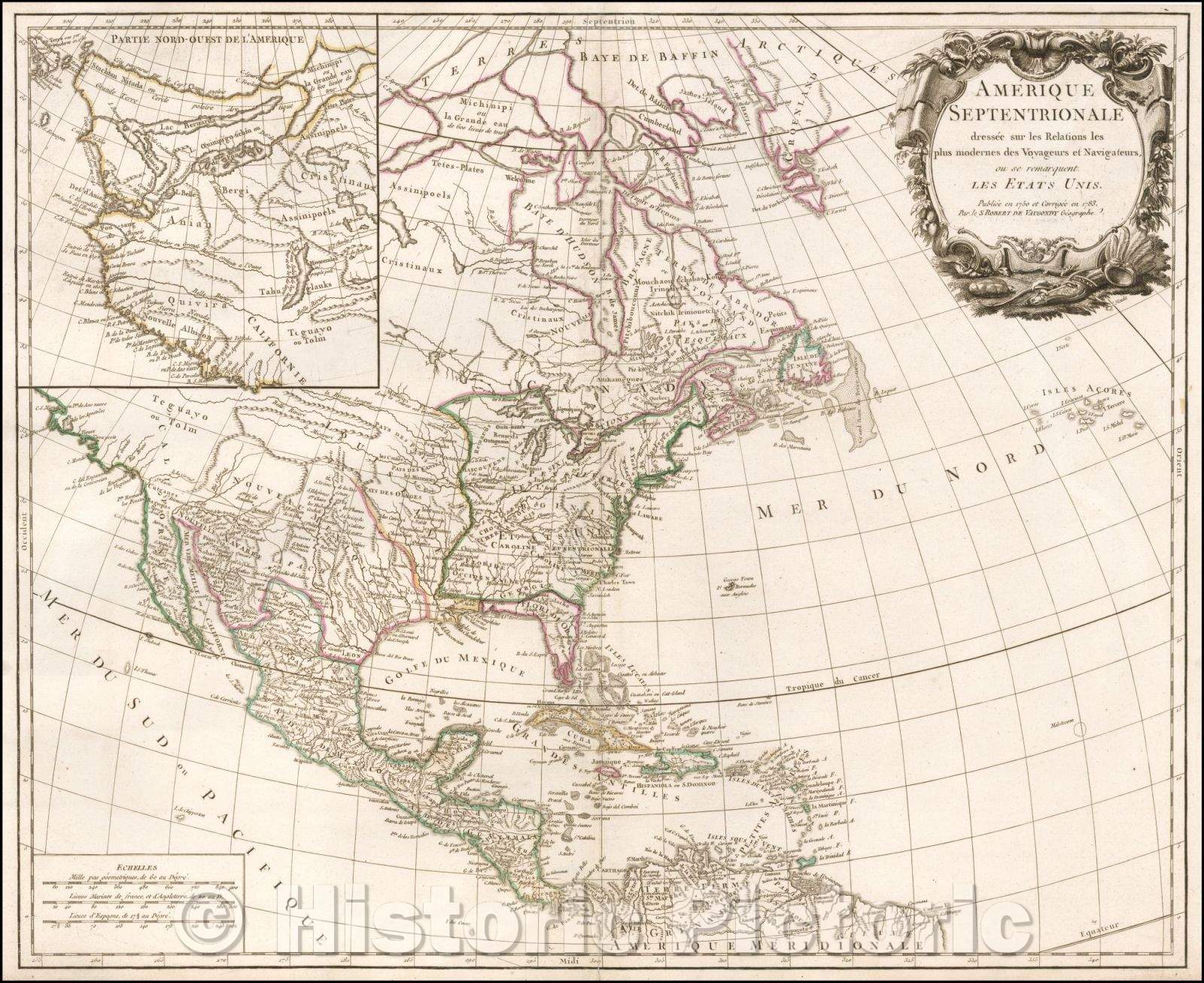 Historic Map - Amerique Septentrionale dressee sur les Relations plus modernes des Voy :: Late state of De Vaugondy's of North America, published in Paris, 1793 - Vintage Wall Art