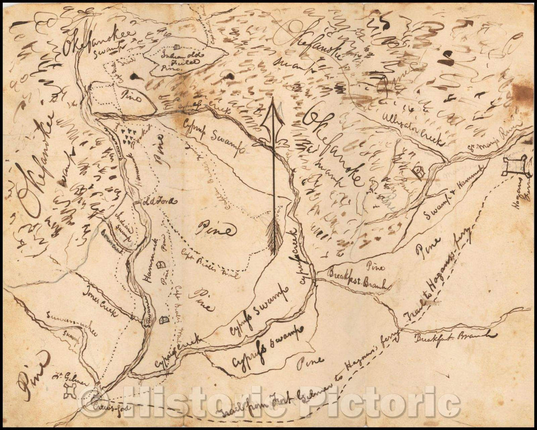 Historic Map - Second Seminole War Okefanoke Manuscript Map, Envelope and John Quincy Adams Free Frank, 1837, Anonymous - Vintage Wall Art