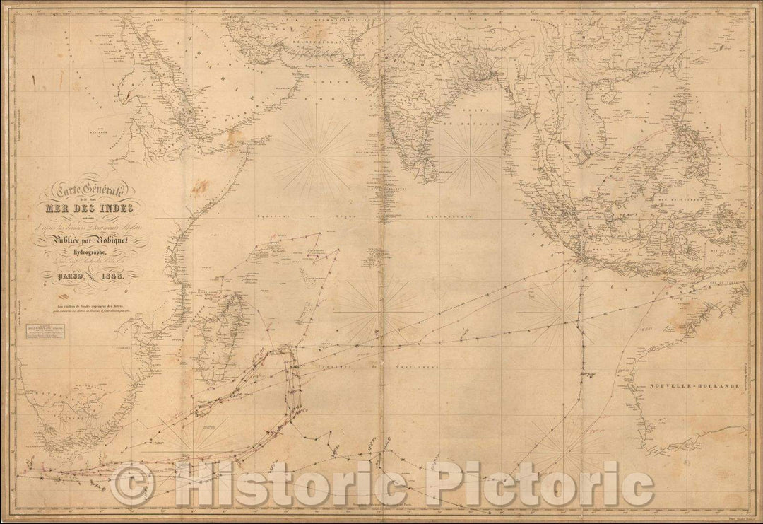 Historic Map - Carte Generale de la Mer des Indes Dressee d'apres les deniers Documents/Well used Sea Chart of the Indian Ocean and environs, 1848 - Vintage Wall Art