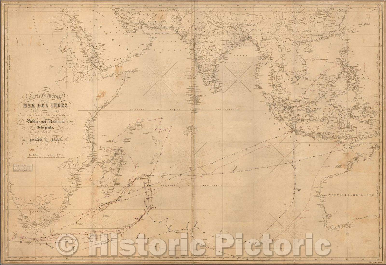 Historic Map - Carte Generale de la Mer des Indes Dressee d'apres les deniers Documents/Well used Sea Chart of the Indian Ocean and environs, 1848 - Vintage Wall Art