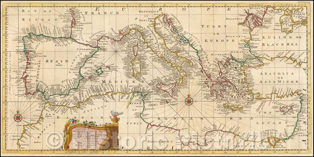 Historic Map - An Accurate Chart of the Mediterranean and Adriatic Seas; with the Archipelago & Part of the Black Sea, 1748, Emanuel Bowen - Vintage Wall Art