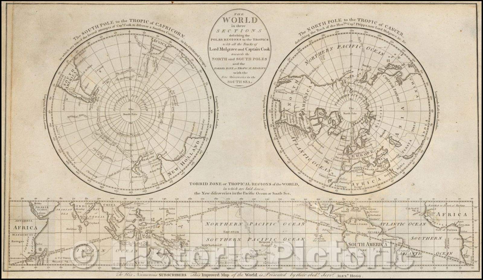 Historic Map - World in Three Sections describing the Polar Regions to the Tropics with all the Tracks of Lord Mulgrave and Captain Cook towards the Nor, 1787 - Vintage Wall Art