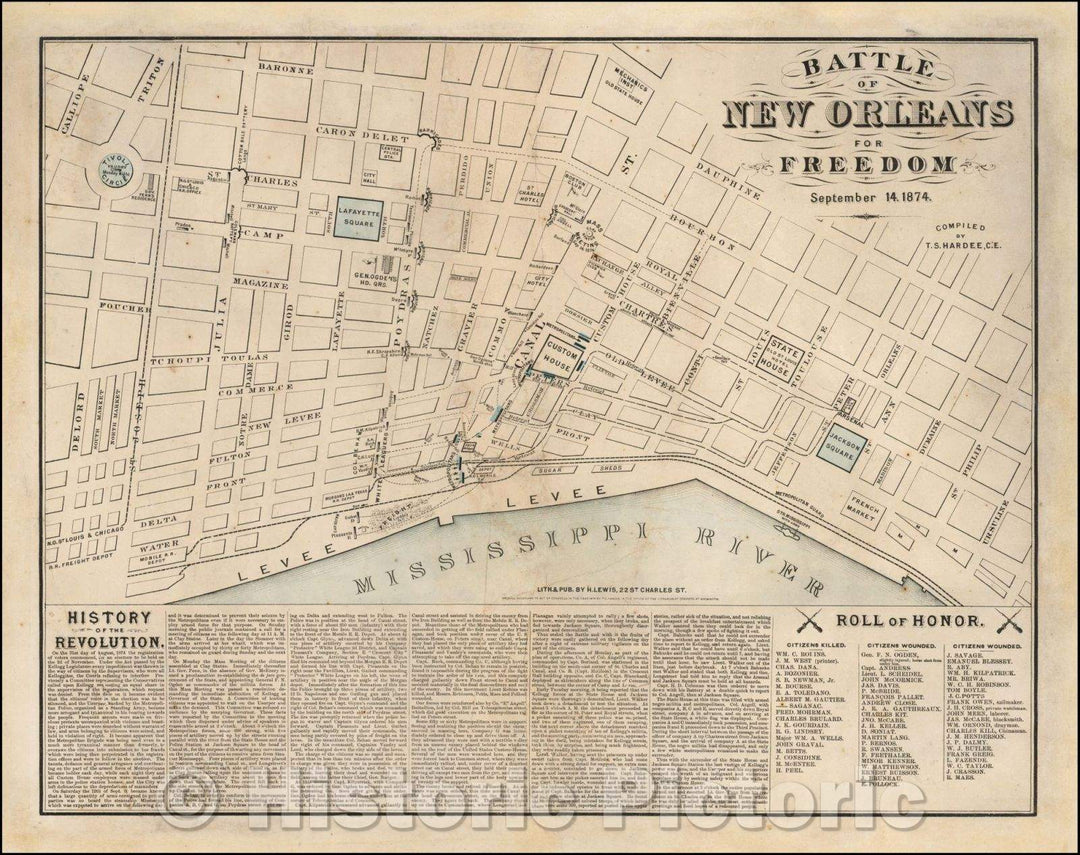 Historic Map - Battle of New Orleans for Freedom, September 14, 1874, 1874, T. S. Hardee - Vintage Wall Art