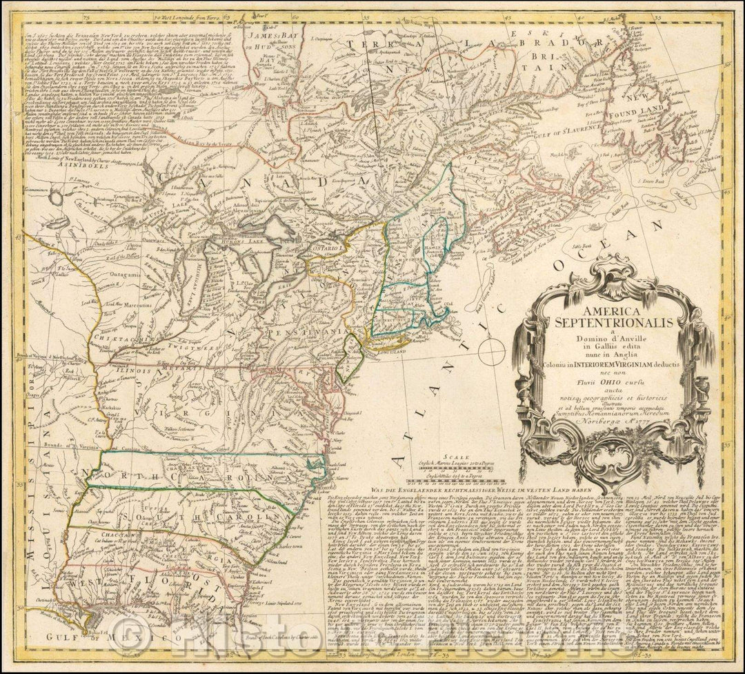 Historic Map - America Septentrionalis a Domino d'Anville in Galliis edita nunc in Anglia Coloniis in Interiorem Virginiam nec non Ohio curu, 1777 - Vintage Wall Art