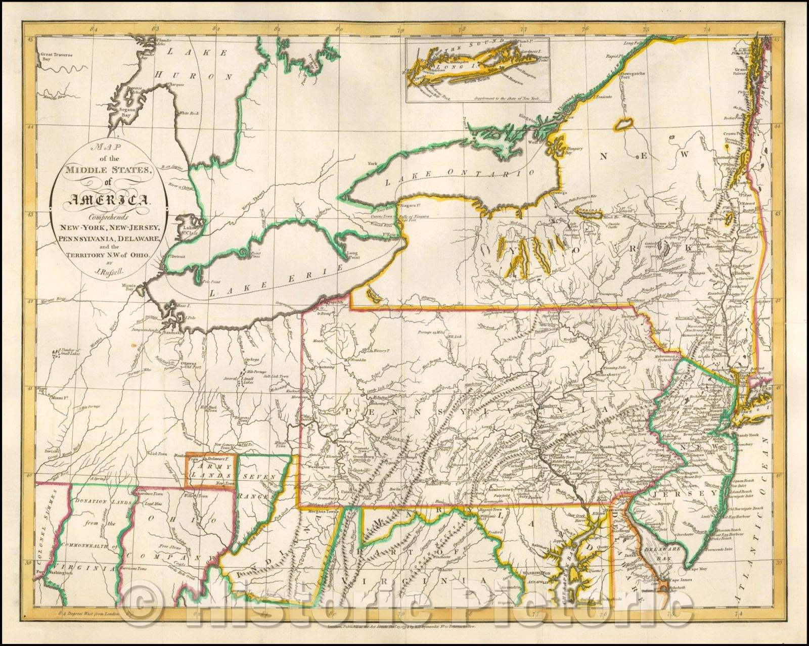 Historic Map - Map of the Middle States of America. Comprehends New-York, New-Jersey, Pennsylvania, Delaware and the Territory N.W. of Ohio, 1794, John Russell - Vintage Wall Art