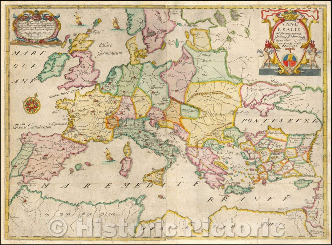 Historic Map - Universalis 46 Provinciarum Ordinis ff Minorum Capucinorum/Map of Europe, published by in the Atlas of the Capuchin provinces, 1643 - Vintage Wall Art