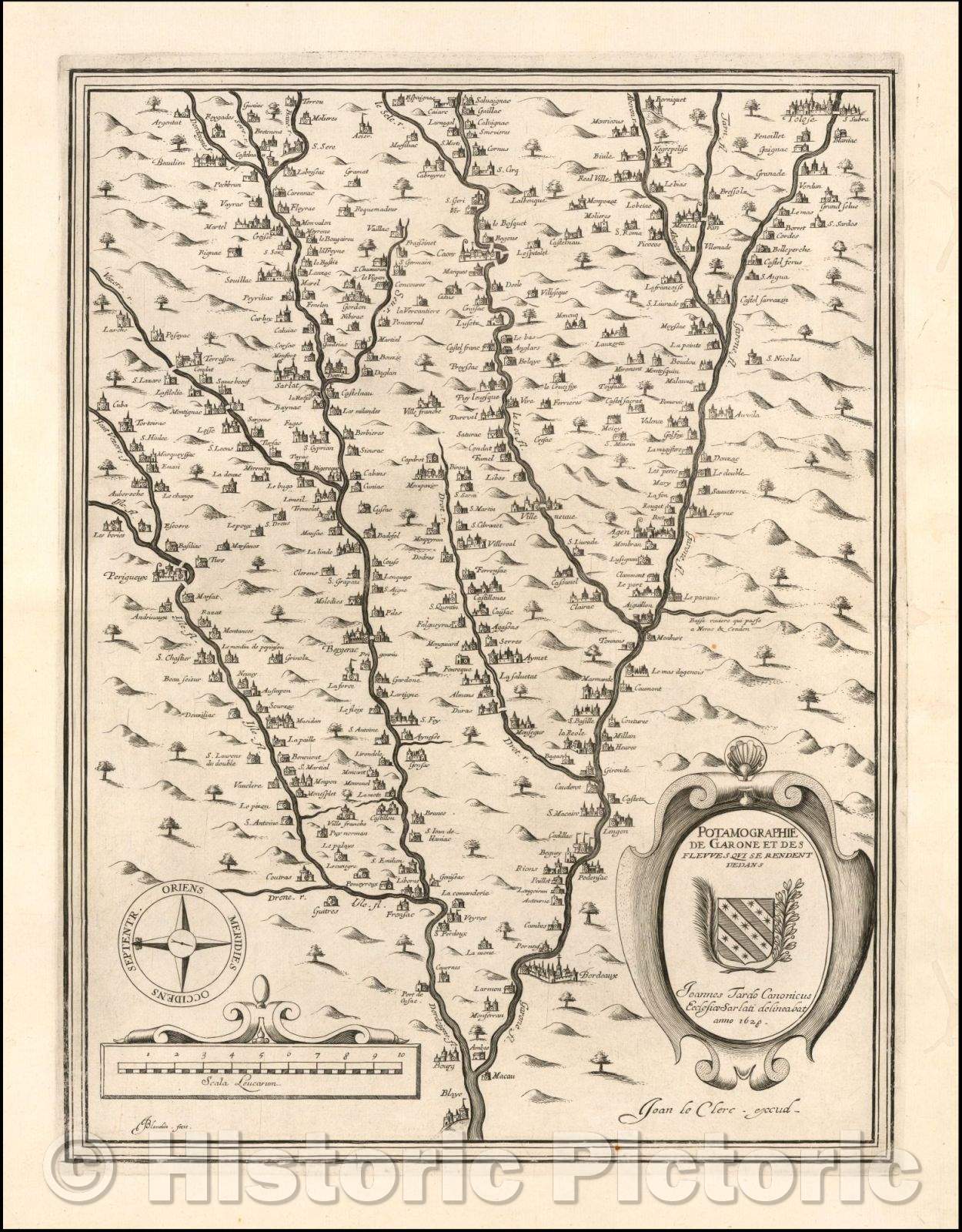 Historic Map - Potamographie de Garone et des Fleuves Qui Se Rendent :: Garonne Region, oriented with east at the top, Jean Le Clerc, in Paris, in 1628, 1628 - Vintage Wall Art