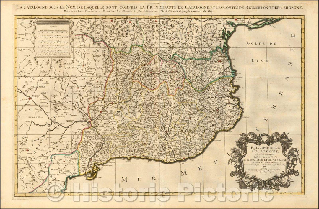 Historic Map - Principaute De Catalogne. Ou sont compris Les Comtes de Roussillon et de Cerdagne/Map of Catalonia, cartouche, 1700, Alexis-Hubert Jaillot - Vintage Wall Art