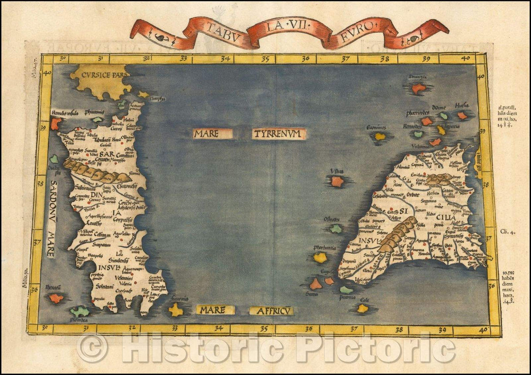 Historic Map - (Sicily and Sardinia) Tabula VII Euro./(Sicily and Sardinia) Tabula VII Euro, 1525, Lorenz Fries - Vintage Wall Art