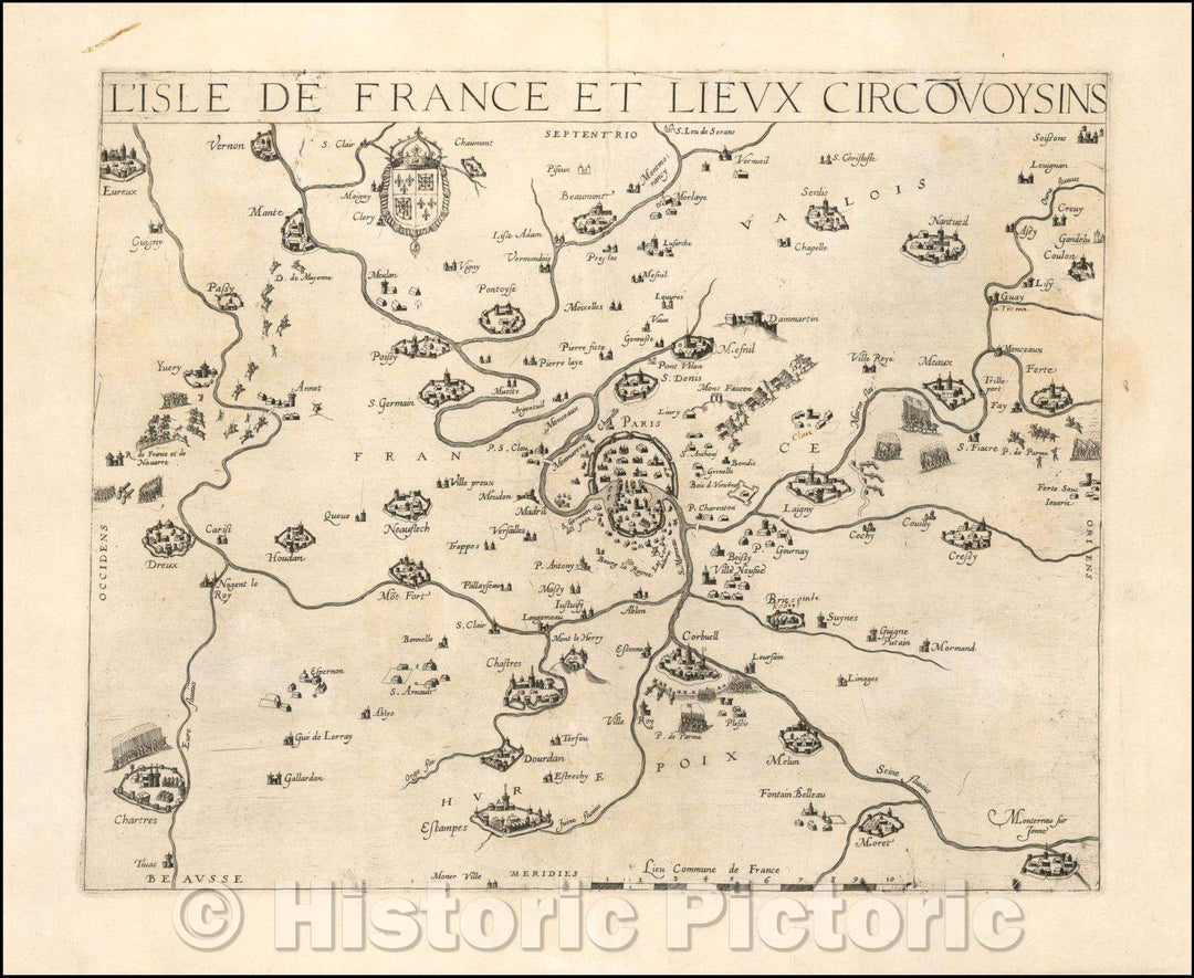 Historic Map - L'Isle de France et Lieux Circovoysins/Paris, Seine River,Montereau, Fontainebleau and Melun through Paris to Mante and Vernon, 1619 - Vintage Wall Art