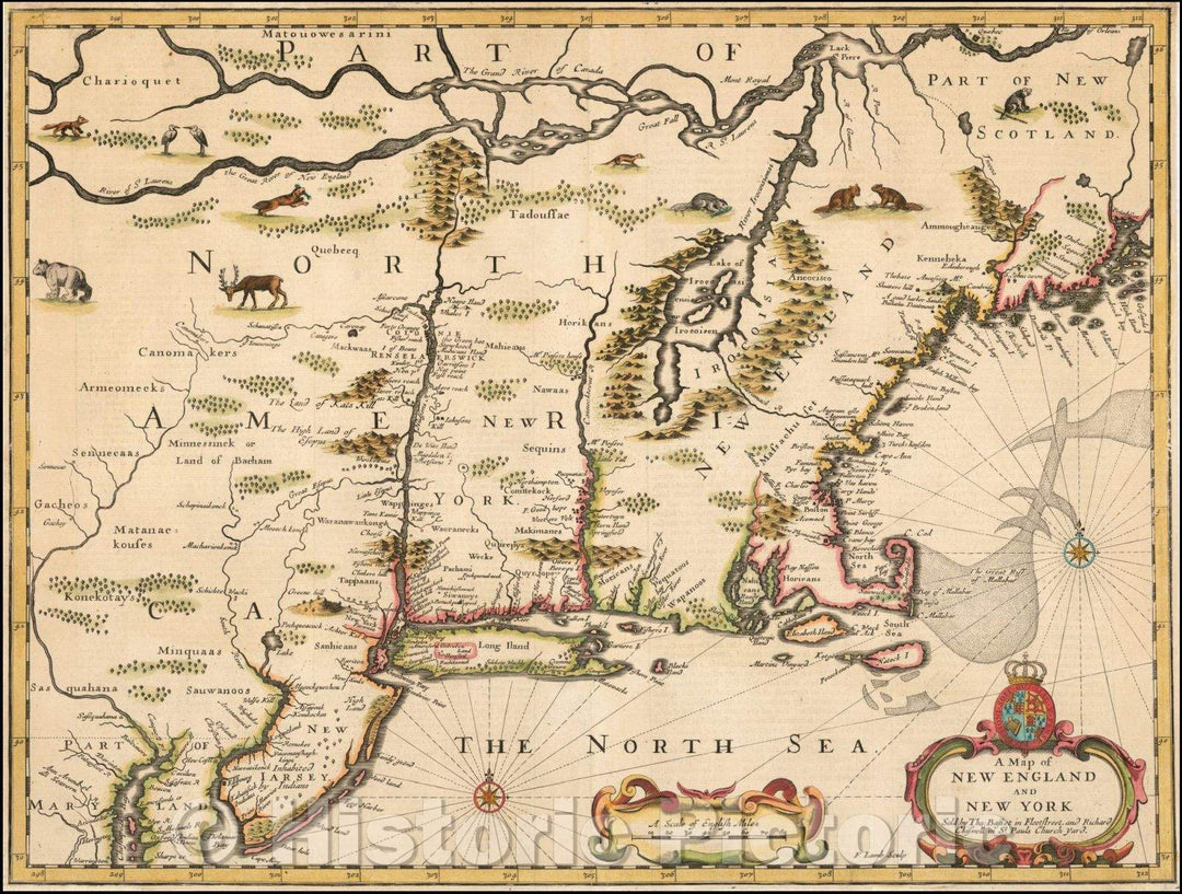 Historic Map - A Map of New England and New York, 1676, John Speed - Vintage Wall Art