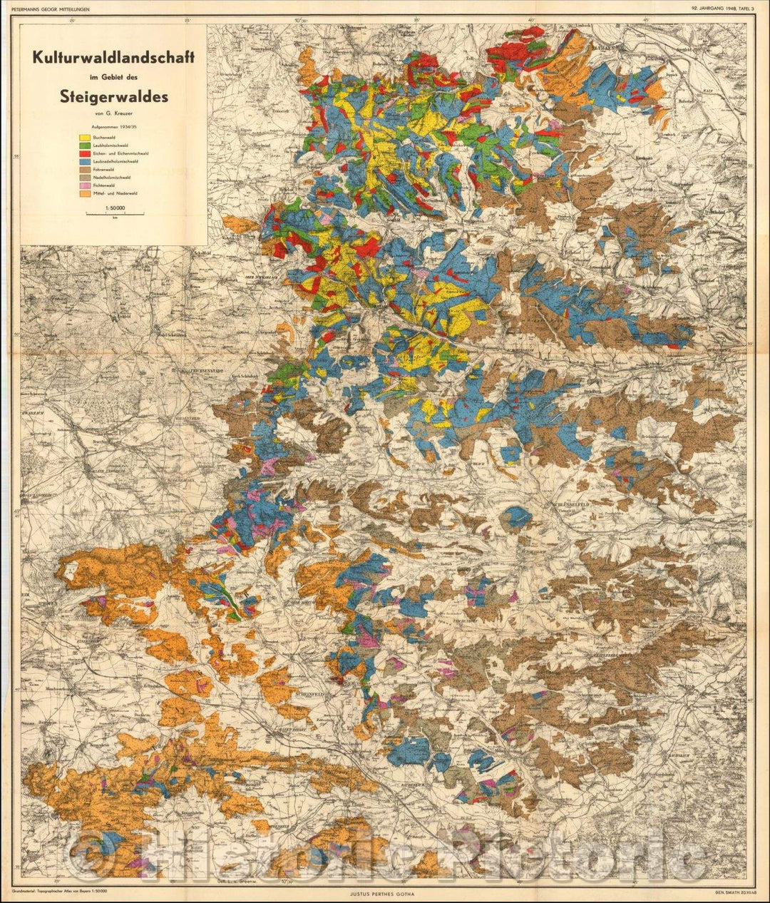 Historic Map - Kulturwaldlandschaft im Gebiet des Steigerwaldes von G. Kreuzer/Culture wooded countryside in the area of the Steigerwald G. cruiser, 1948, - Vintage Wall Art