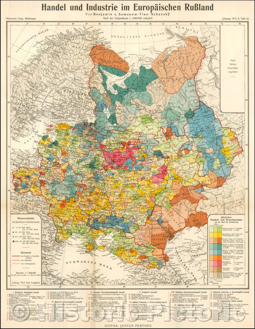 Historic Map - Handel und Industrie im Europaischen Russland Von Benjamin v. Semenow-Tian Schansky/Trade and Industry Map of European Russia, 1913 - Vintage Wall Art