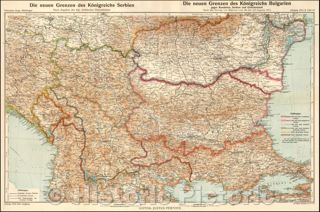 Historic Map - Die neuen Grenzen des Konigreichs Serbien/The new frontiers of the Kingdom of Serbia, (And) Bulgaria, 1913, 1913 - Vintage Wall Art