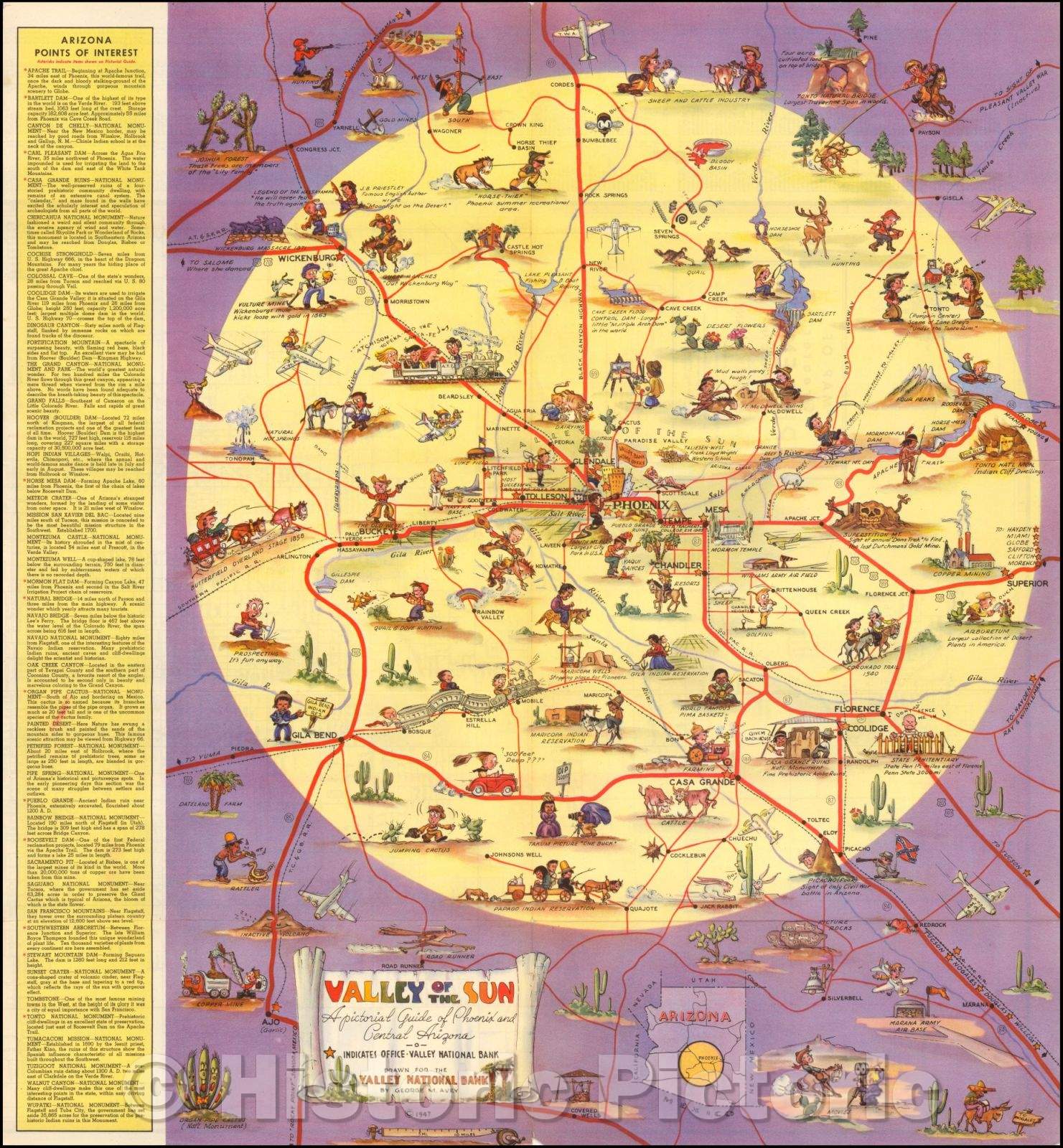 Historic Map - Valley of the Sun A Pictorial Guide of Phoenix and Central Arizona, 1947, George M. Avery - Vintage Wall Art