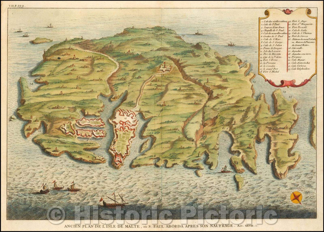 Historic Map - Ancien Plan de L'Isle de Malte ou S. Paul Aborda Apres Son Naufrage/Map of the island of Malta, 1726, Augustin Calmet - Vintage Wall Art