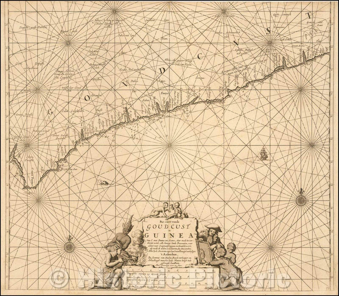 Historic Map - Coast of west Africa and the Ghanaian Gold Coast :: Pas-caert vande Goud Cust in Guinea van C. tres Puntas tot Acara, 1684 - Vintage Wall Art