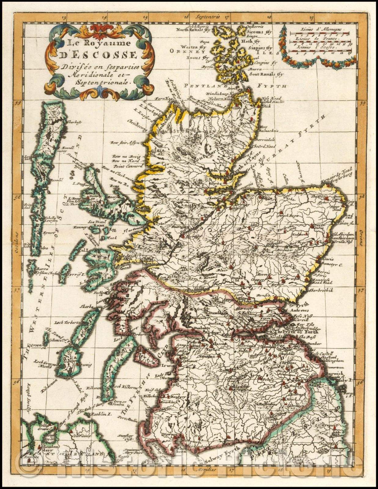 Historic Map - Le Royaume D'Ecosse Divisee en ses parties Meridionale et Septentri :: Scotland, pubiished in France in the first part of the 18th Century, 1740 - Vintage Wall Art