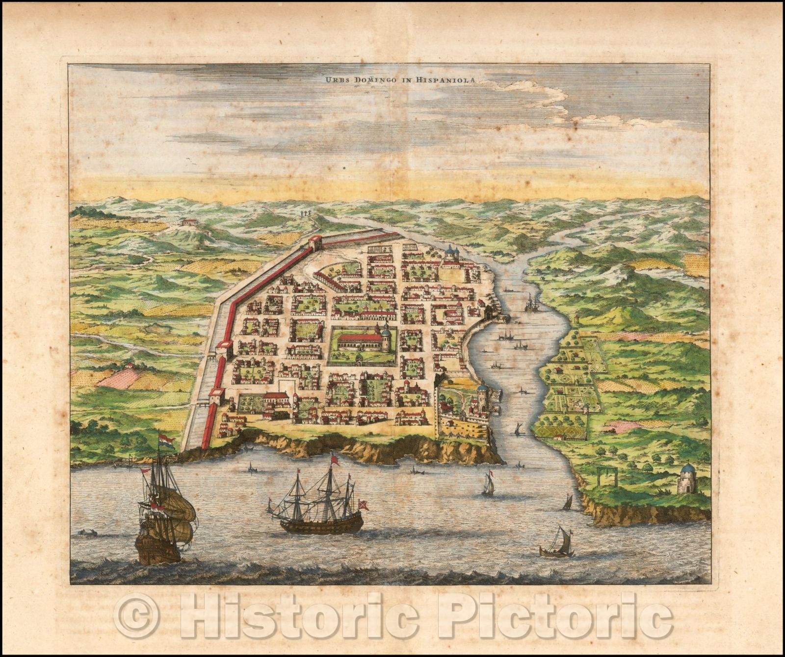 Historic Map - Urbs Domingo in Hispaniola, 1671, John Ogilby - Vintage Wall Art