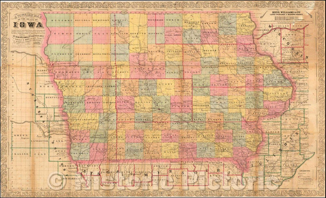 Historic Map - A Township Map of the State of Iowa, 1856, Henn, Williams & Co. - Vintage Wall Art