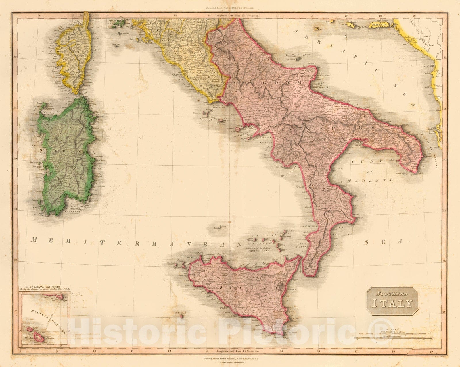 Historic Map - Southern Italy [with Sicily], 1815, John Pinkerton - Vintage Wall Art