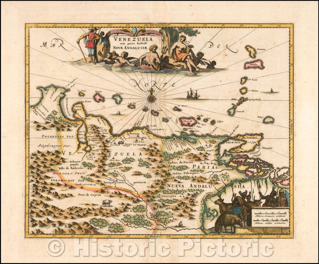 Historic Map - Venezuela cum parte Australi Novae Andalusiae, 1671, John Ogilby - Vintage Wall Art