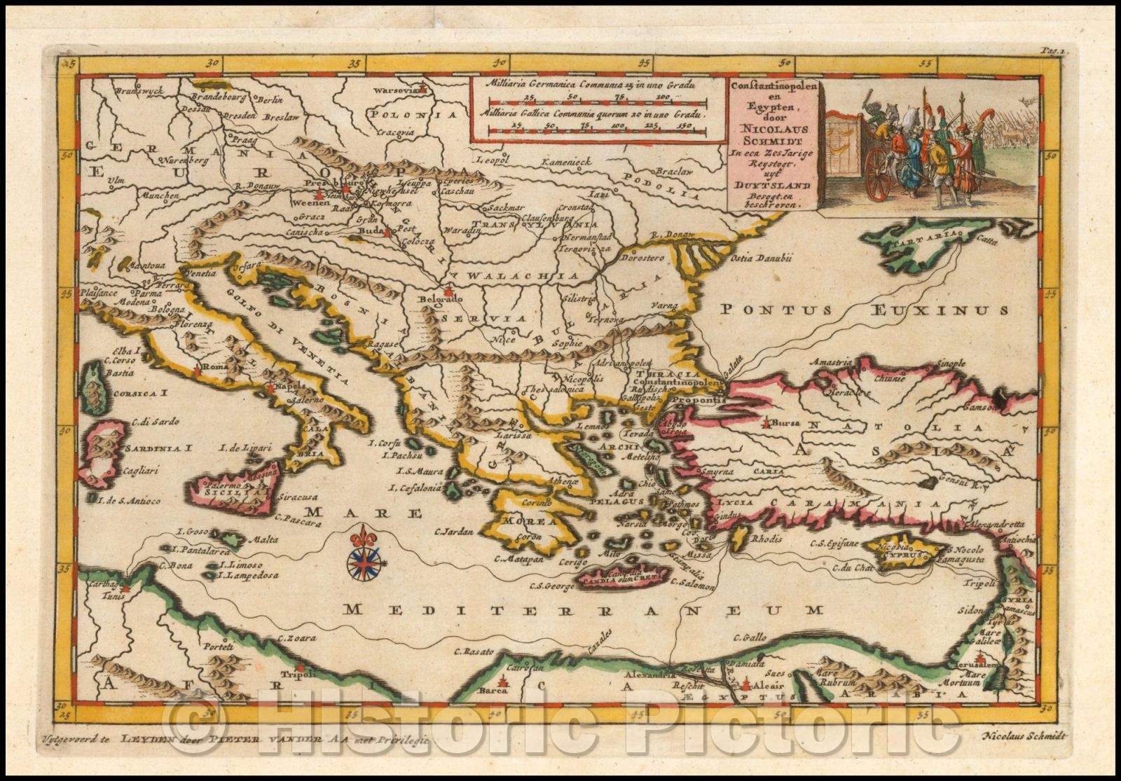 Historic Map - Constantinoplen en Egypten door Nicolaus Schmidt in enn zes Jarige Reystogt uyt Duytsland/Italy, Corsica, Sardinia and Sicily, 1700 - Vintage Wall Art